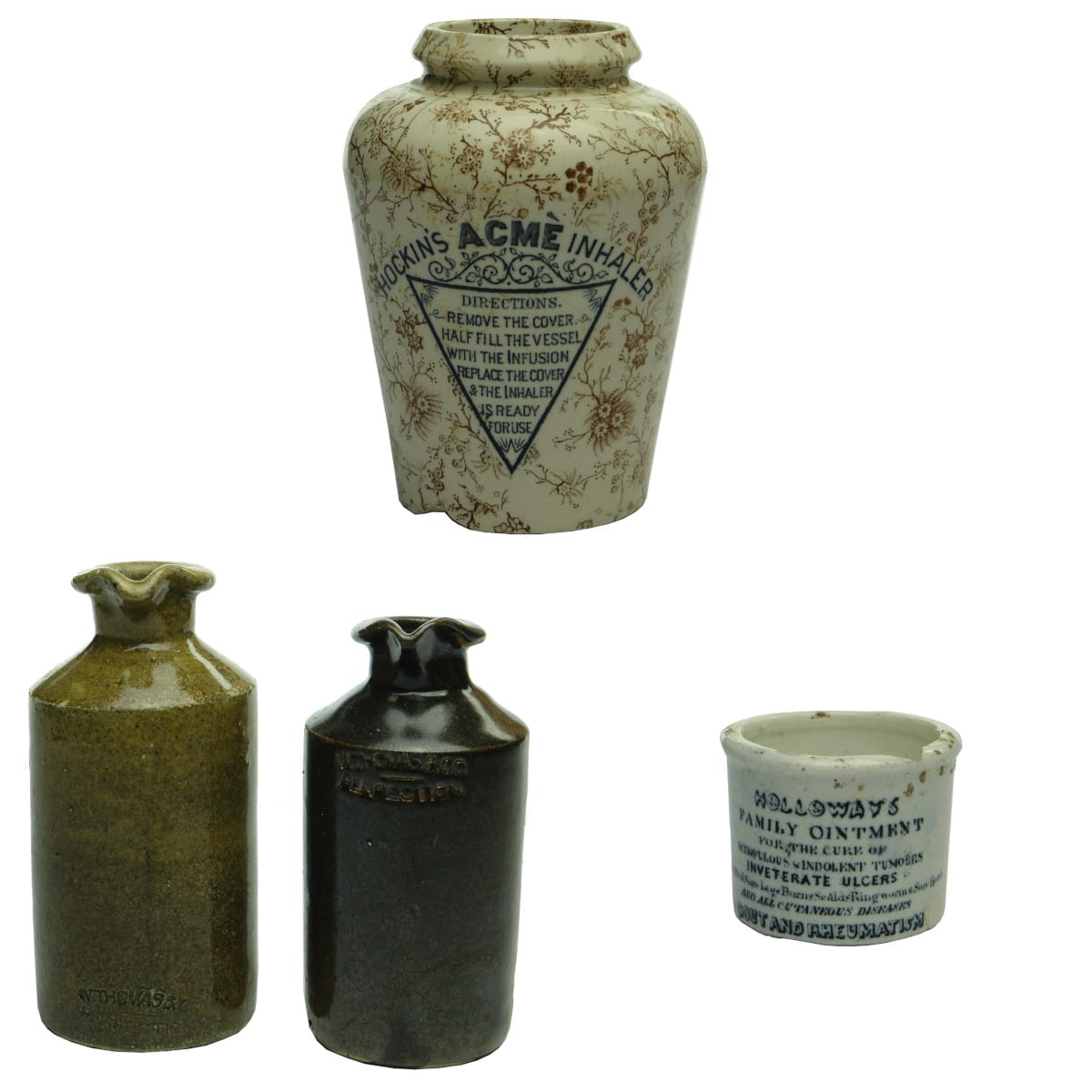 4 pottery items. Hockins Inhaler; 2 x different W. Thomas & Co inks; Holloway's Family Ointment pot.