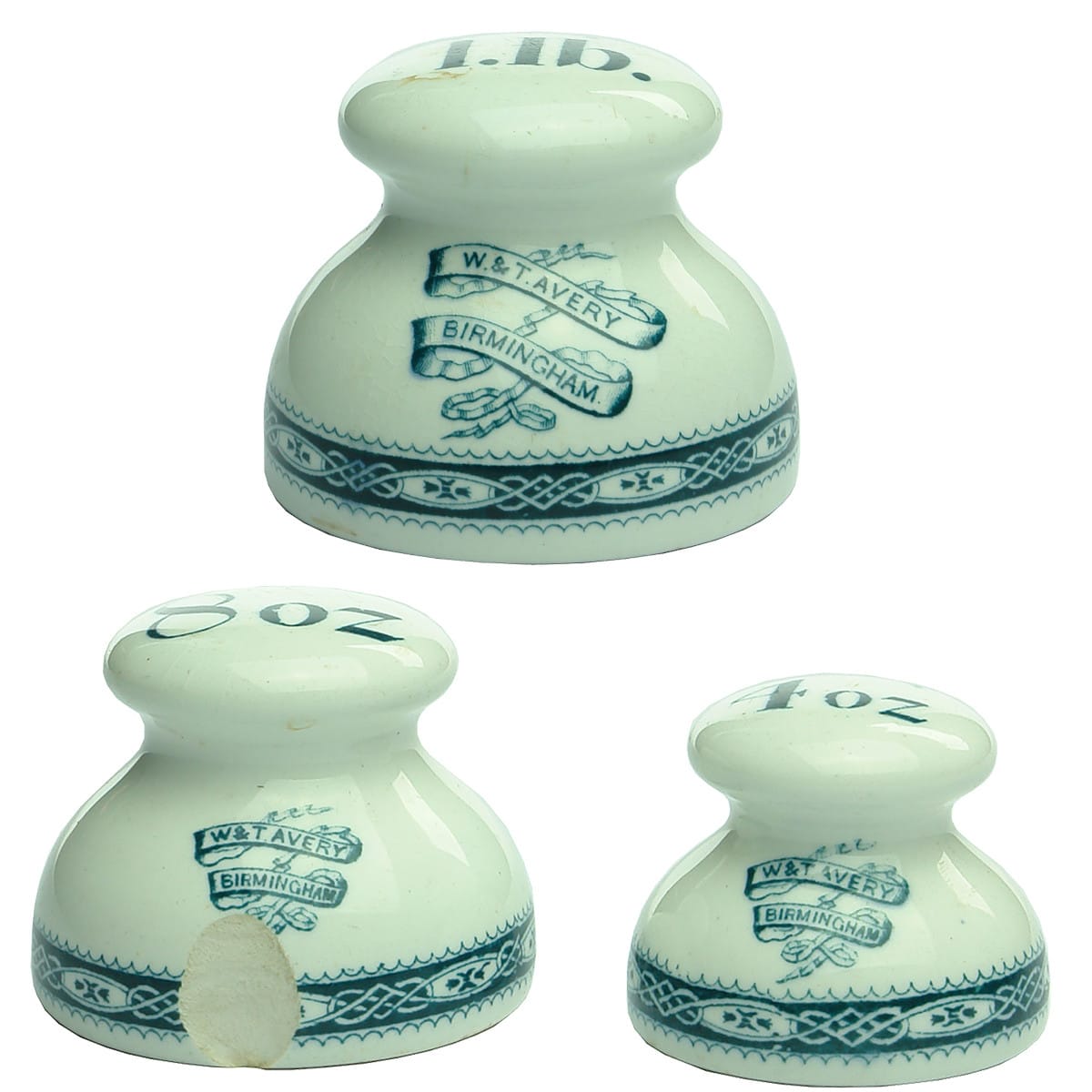 3 Ceramic weights with stamped lead inserts. W. & T. Avery, Birmingham. 1 lb, 8 oz & 4 oz. Green Print.