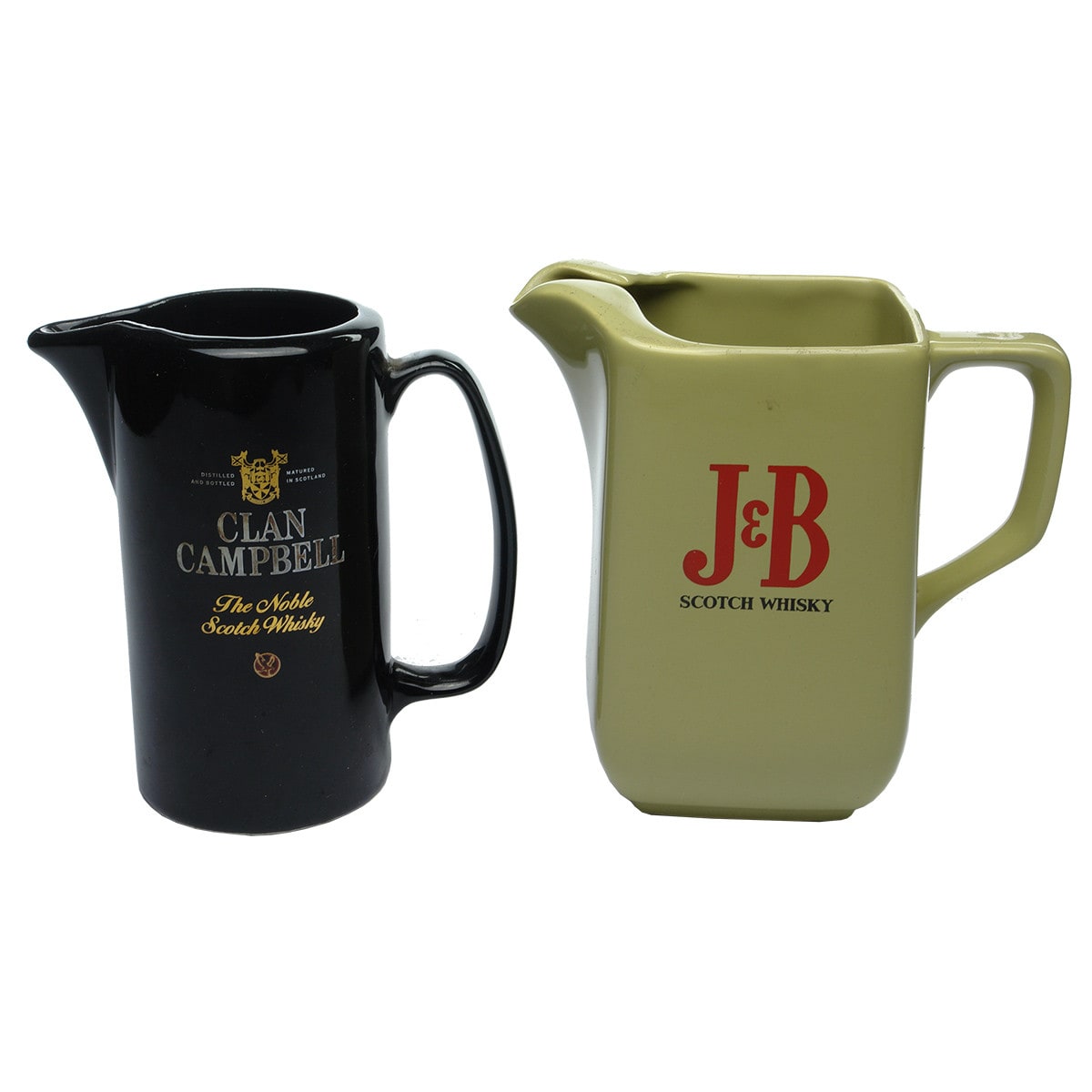 2 Whisky Water Jugs. Clan Campbell The Noble Scotch Whisky Water Jug, Made in China; J & B Scotch Whisky Water Jug, made by Wade.