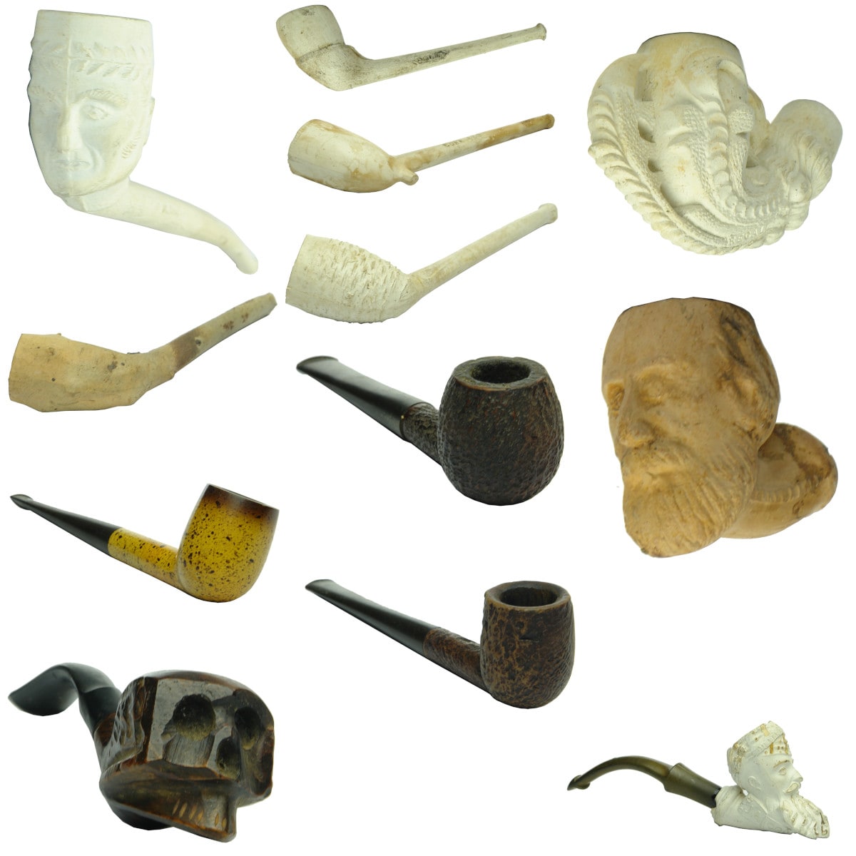 12 Clay Pipes & Bowls. McDougall Glasgow with Mans head. Sport. Cork. Basket Weave. raised lumps; Large Dragons Claw. Regal; Garibaldi; Round bowls; Hand carved skull. Jacob.