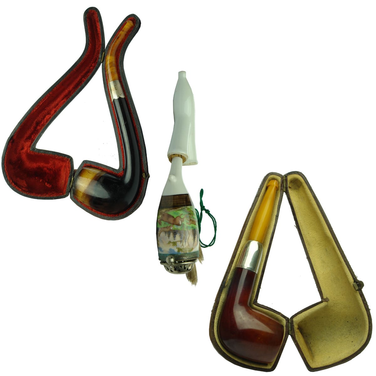 Tobacciana. 3 interesting tobacco pipes Meerschaum and Clay. silver mounts and so forth.