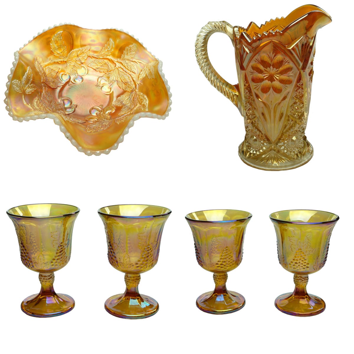 6 Carnival Glass Pieces. Bowl with milk glass edge; Jug; 4 stemmed glasses.