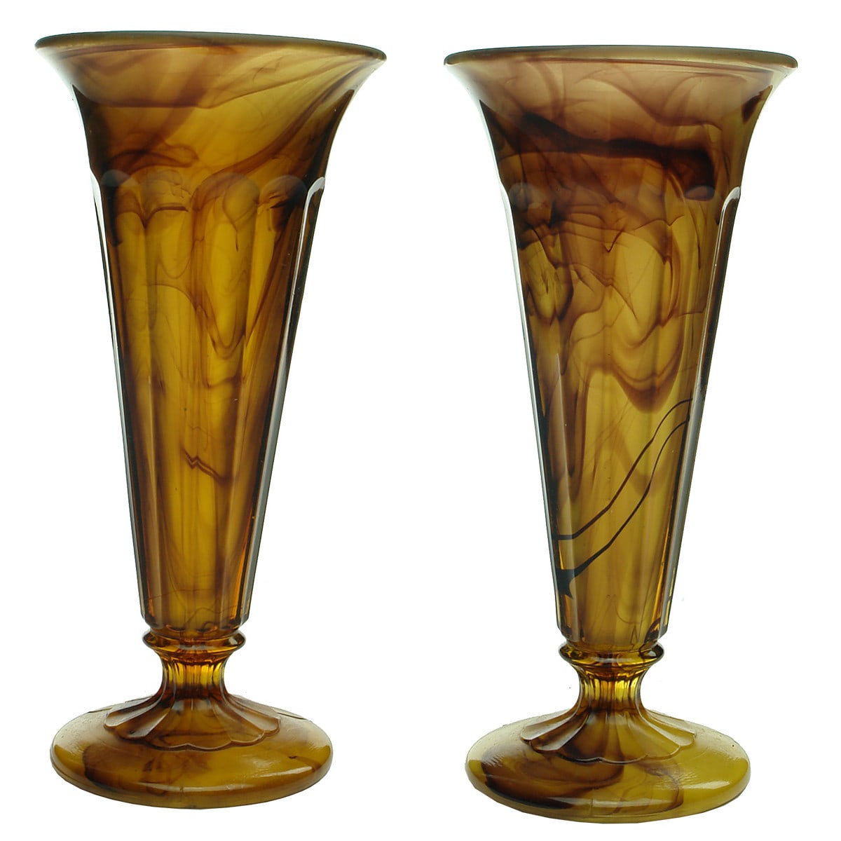 Pair of tall amber Cloud Glass Vases. Davidson glass.