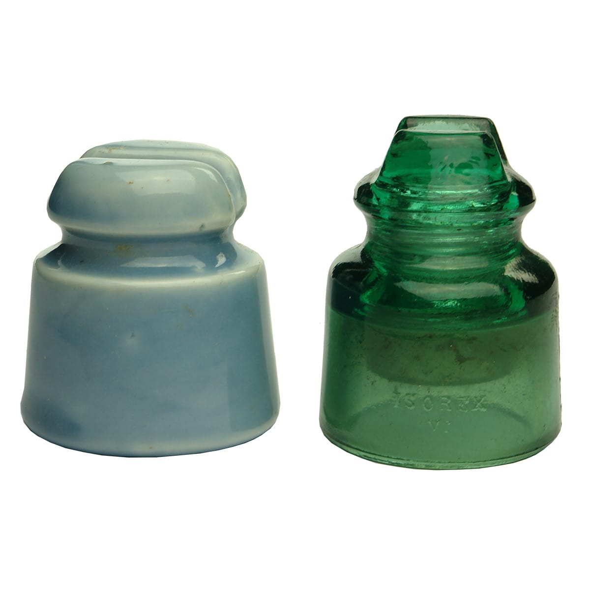 Insulators. Blue ceramic and green glass Isorex.