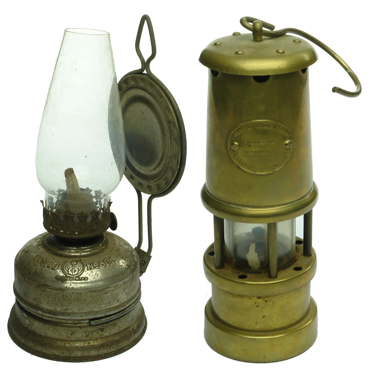 2 Lamps. Small table lamp. Hasag No 601. German Make; Small hanging brass type. Hockley Lamp & Limelight Company.