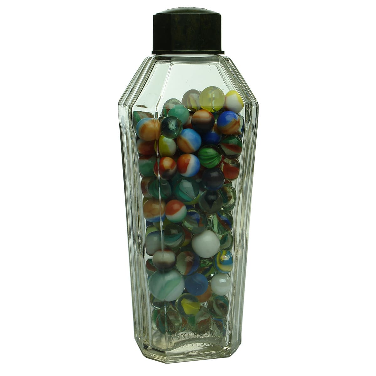 Miscellaneous. S. Smith, Angaston, Yalumba Niblik jar full of marbles. (South Australia)