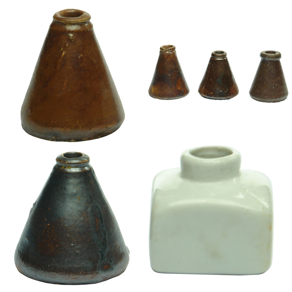 6 Inks. Five QLD Cone Inks. Stoneware. Differing lip styles and glazes. (Queensland) and a small slip mould porcelain ink.