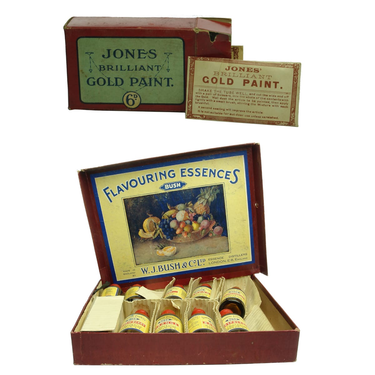 2 lots of packaging with bottles etc. 10 W. J. Bush Flavouring Essences; Jones Brilliant Gold Paint Packet with sachets and palette.