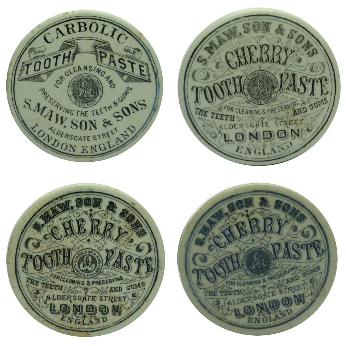 4 S. Maw Son & Sons Pot Lids. Carbolic & Cherry Tooth Pastes. London.