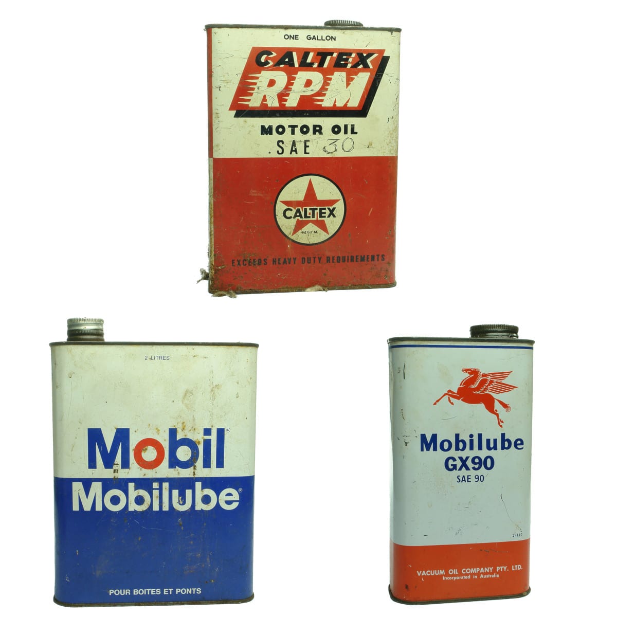 3 Oil Tins. Caltex RPM One Gallon. Mobil Mobilube 2 Litres. Mobil Vacuum Oil Company One Quart. Pickup Only.