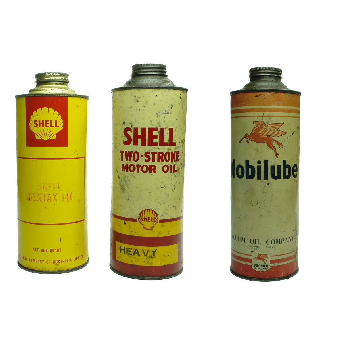 3 round Quart Oil Tins. 2 x different Shell. 1 x Mobilube Vaccum Oil Co. Pickup Only.
