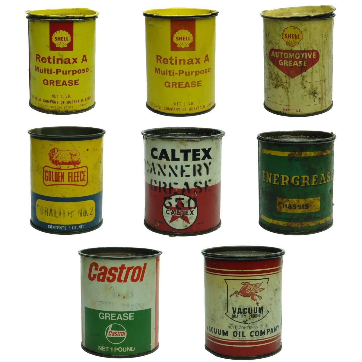 8 Grease Tins. 3 x Shell; Golden Fleece; Caltex; Energrease; Castrol; Mobilgrease. Pickup Only.