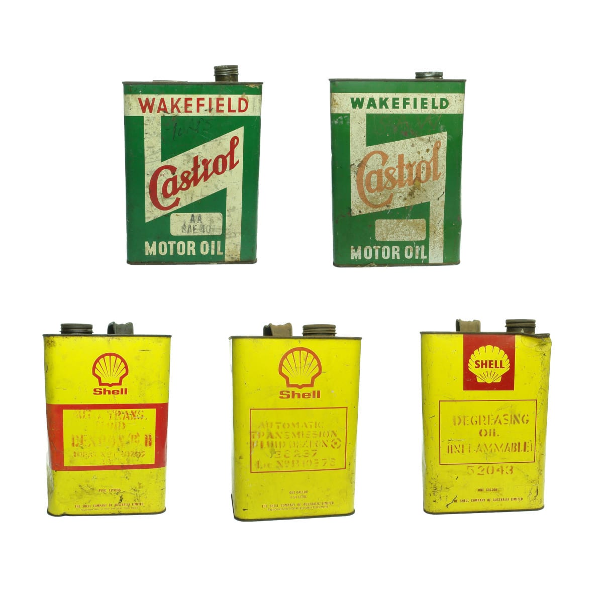5 Oil Tins. 2 x Wakefield Castrol and 3 x Shell. (Not for post messy contents in some of these).