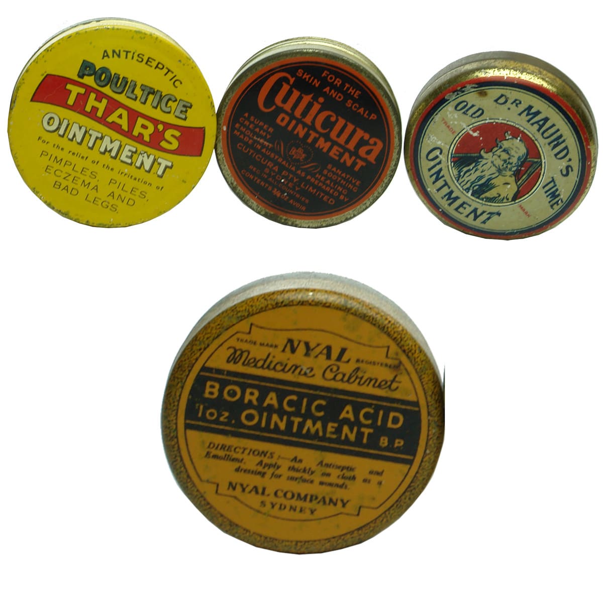 4 Ointment tins: Thar's Antiseptic Poultice; Nyal Boracic Acid; Cuticura; Dr Maund's.