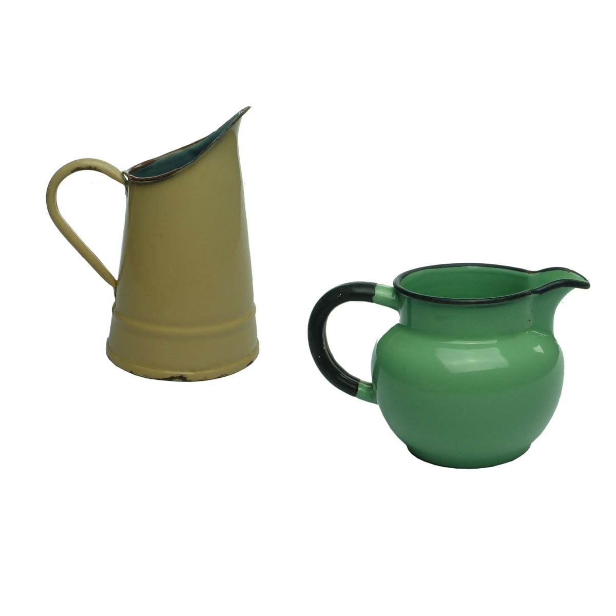 2 enamel pouring jugs. Light/Dark Brown with blue inside and Green & Black.