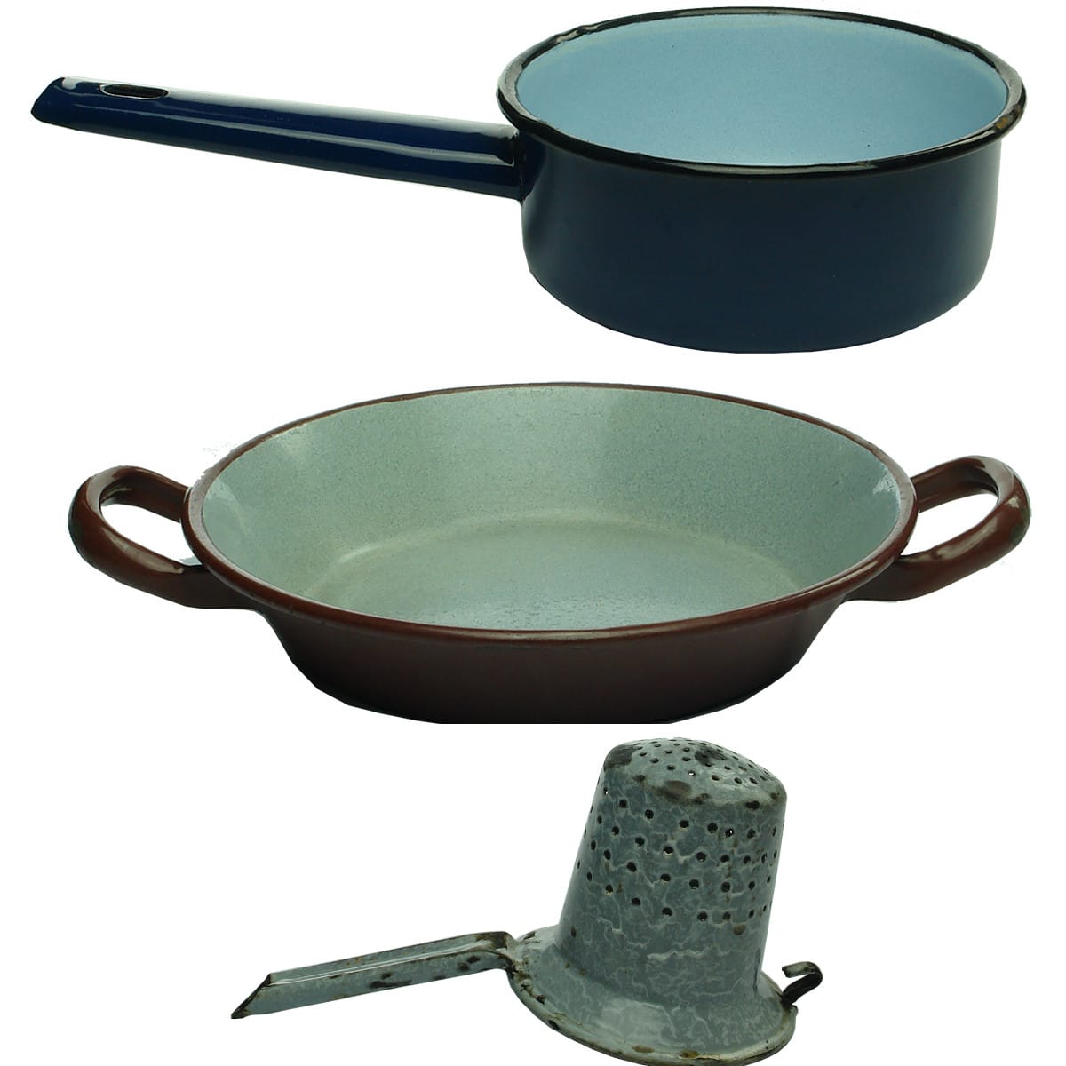 3 nice pieces of enamel ware. 2 different fry pans and a strainer.
