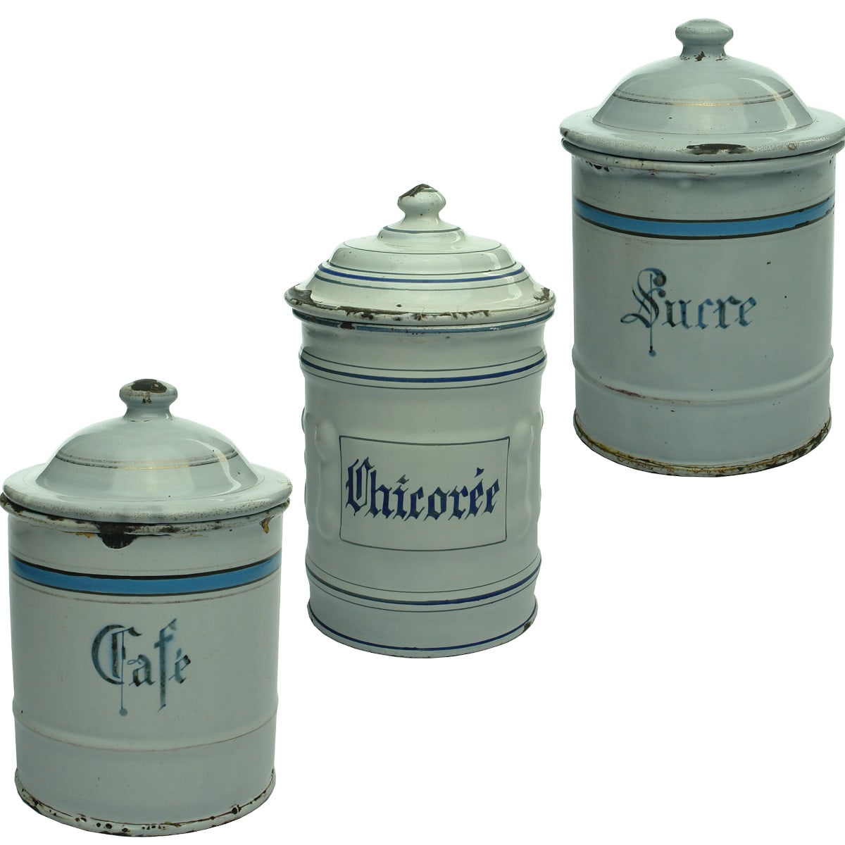 Group of 3 blue & white enamel jars for Coffee, Chicory & Sugar (Cafe, Chicoree & Sucre).