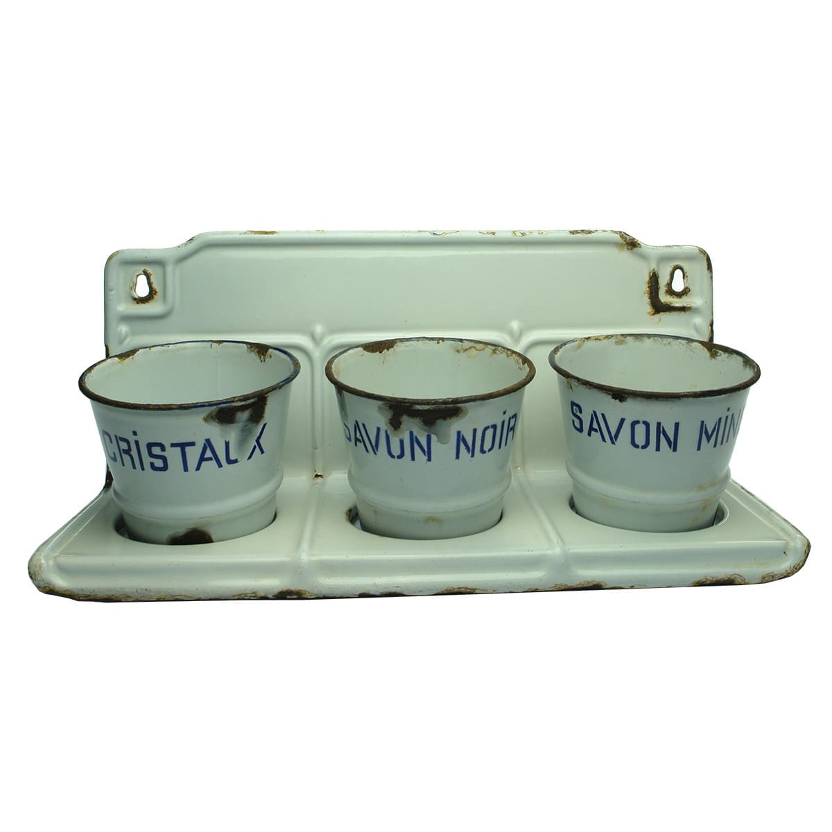 Enamel soap stand with three original enamel containers Savon Mineral; Savon Noir; Cristal X.