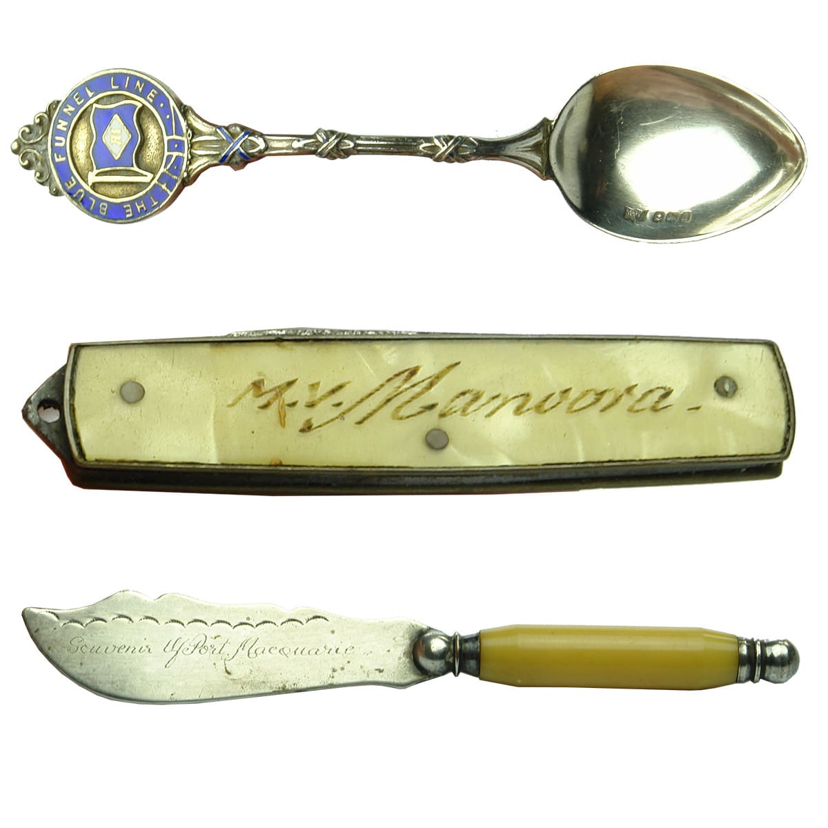 3 Items. 2 Knives & a Teaspoon. Souvenir of Port Macquarie and M V Manoora penknife. Spoon - Blue Funnel Line, TSS Ascanius