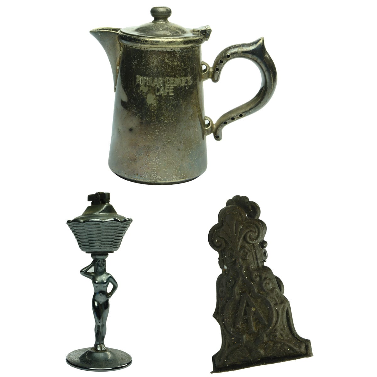 3 small metal items: EPNS Jug Popular George's Cafe; Figural cigarette lighter; large metal paper clip.