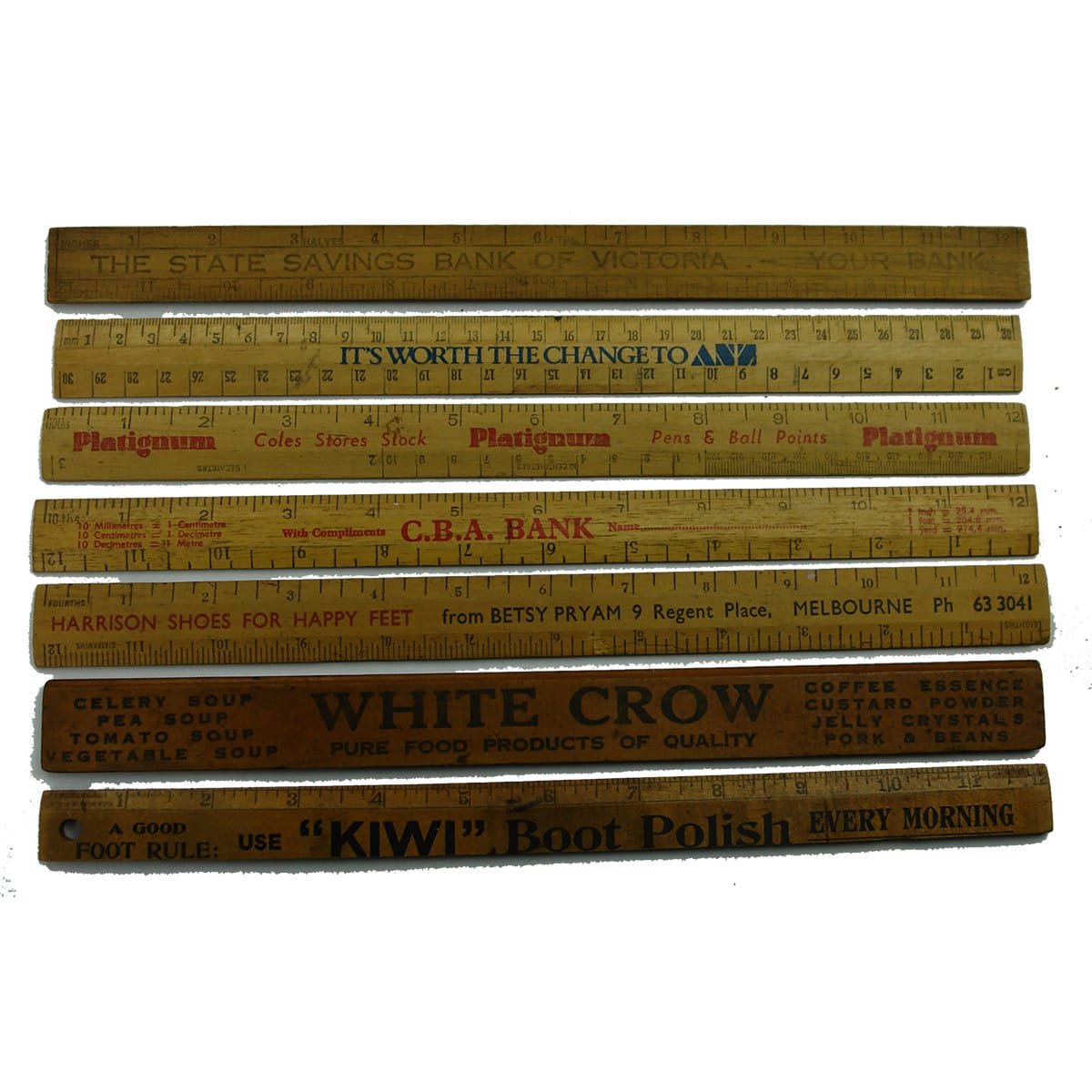 7 Advertising Rulers. Kiwi and White Crow are particularly nice. 4 x different Banks; Betsy Pryam, Harrison's Shoes. (Victoria)
