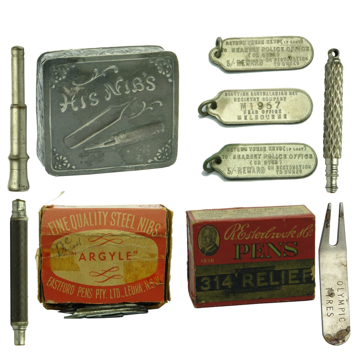 Miscellaneous group of metalware. Tools. Pens. Cigar Piercer and more.