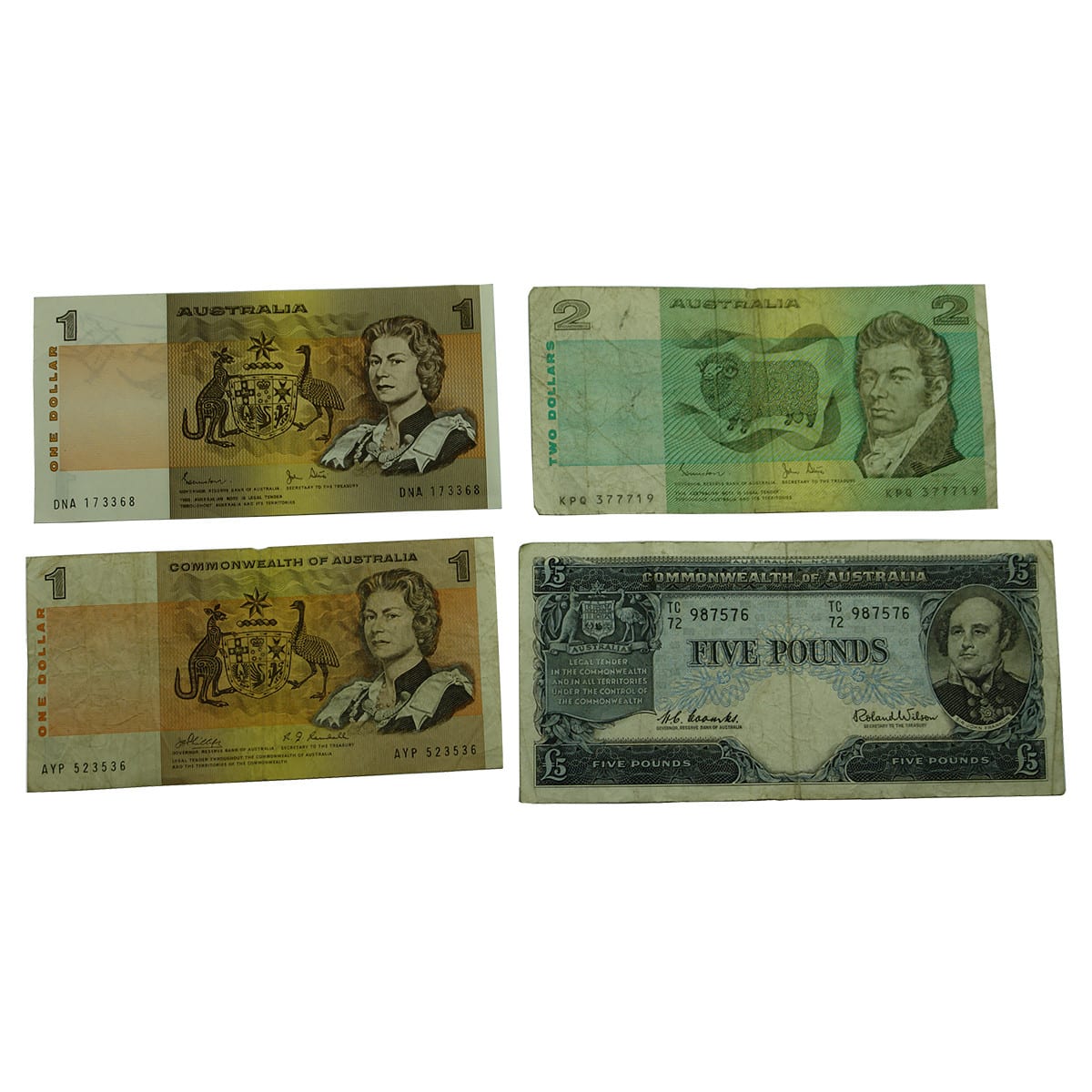 4 Australian Bank Notes: 5 Pound Coombs Wilson; $2 Johnston Stone; $1 Commonwealth of, Phillips Randall; $1 Johnston Stone.
