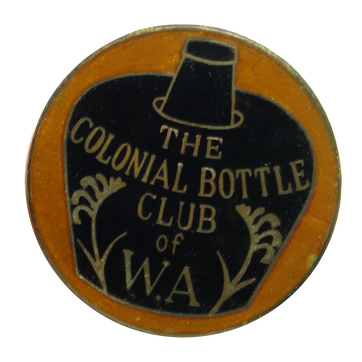 Enamel Badge. The Colonial Bottle Club of WA, Whisky Jug shape design in black.  (Western Australia)