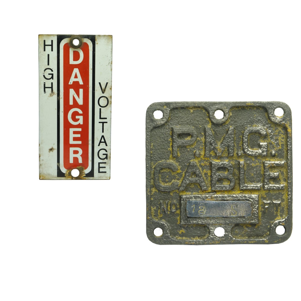 Two utility signs: Danger High Voltage & PMG Cable Number Badge