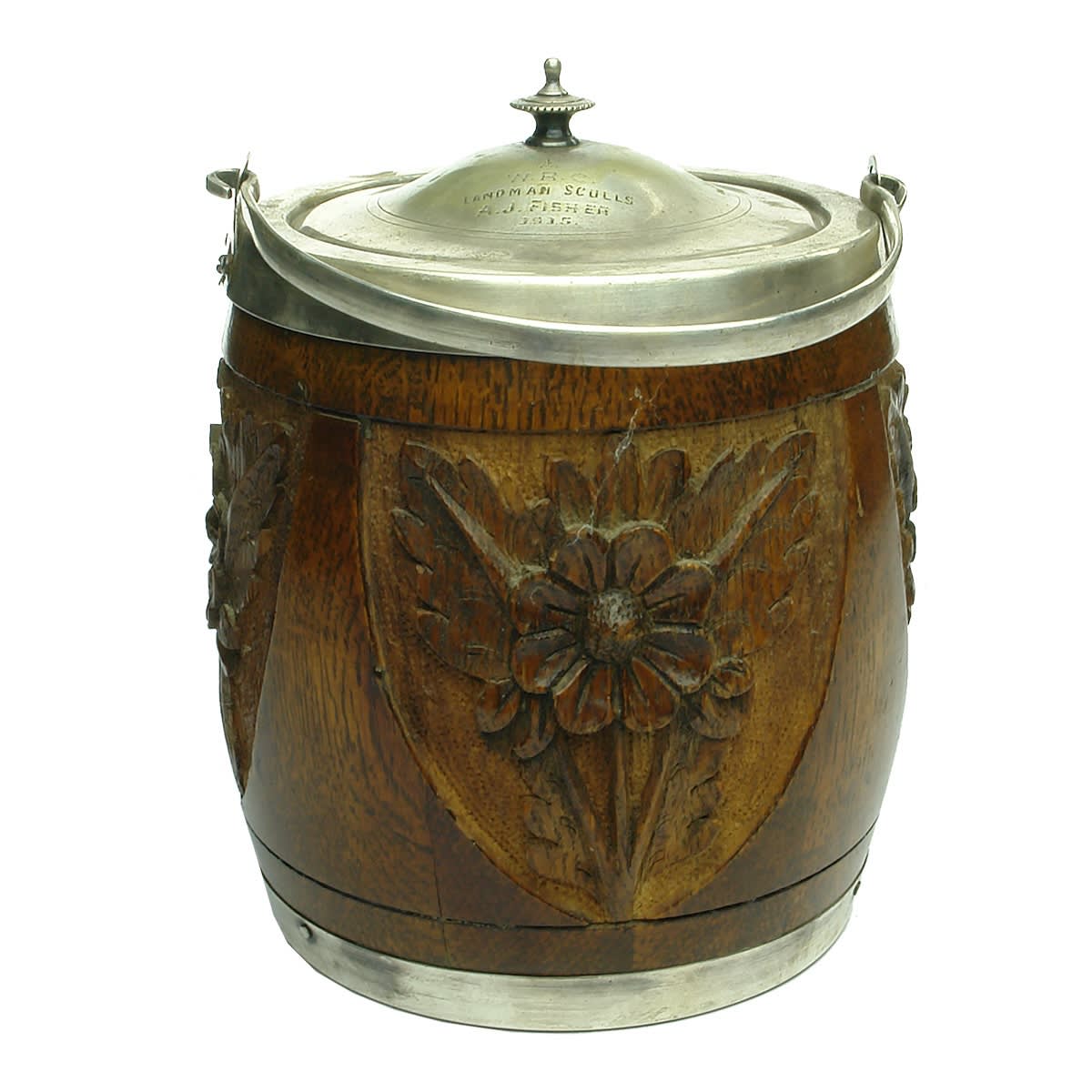 Biscuit Barrel. Carved wood, porcelain inside, plated metal. WRC Landman Sculls A. J. Fisher 1915. (Warrnambool Rowing Club, Victoria)