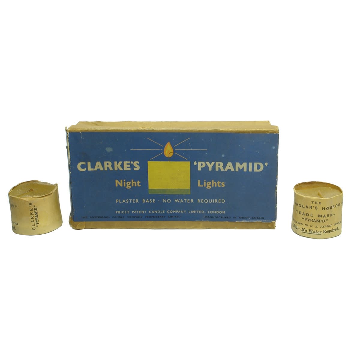 Cardboard Box with two candles. Clarke's Pyramid Night Lights. Price's Patent Candle Company. Burglar's Horror.