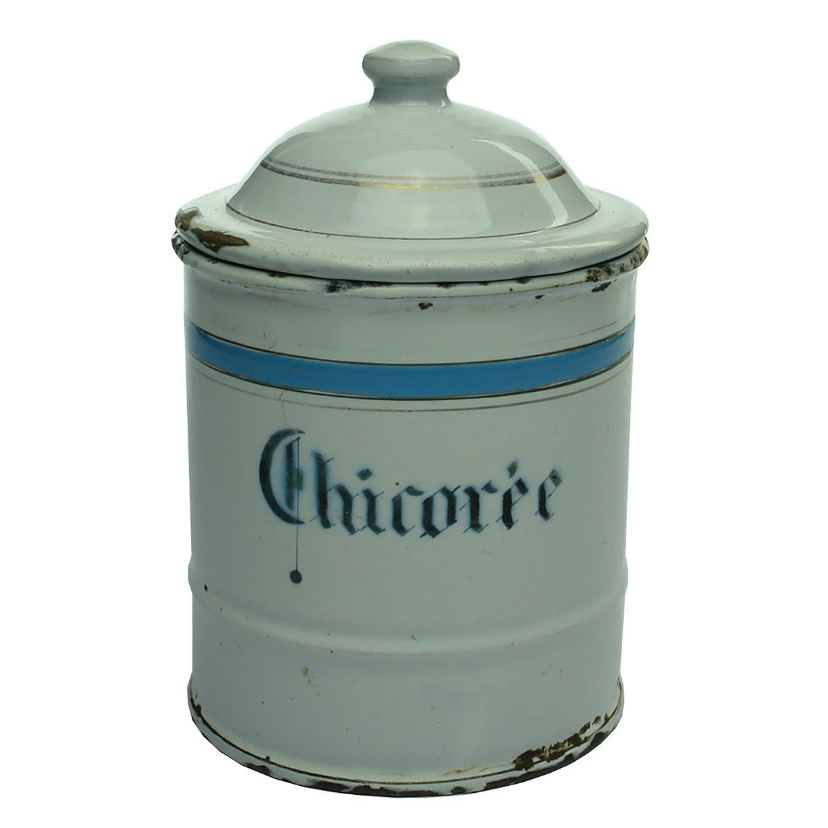 Lidded enamel jar for Chicoree. Blue & White.