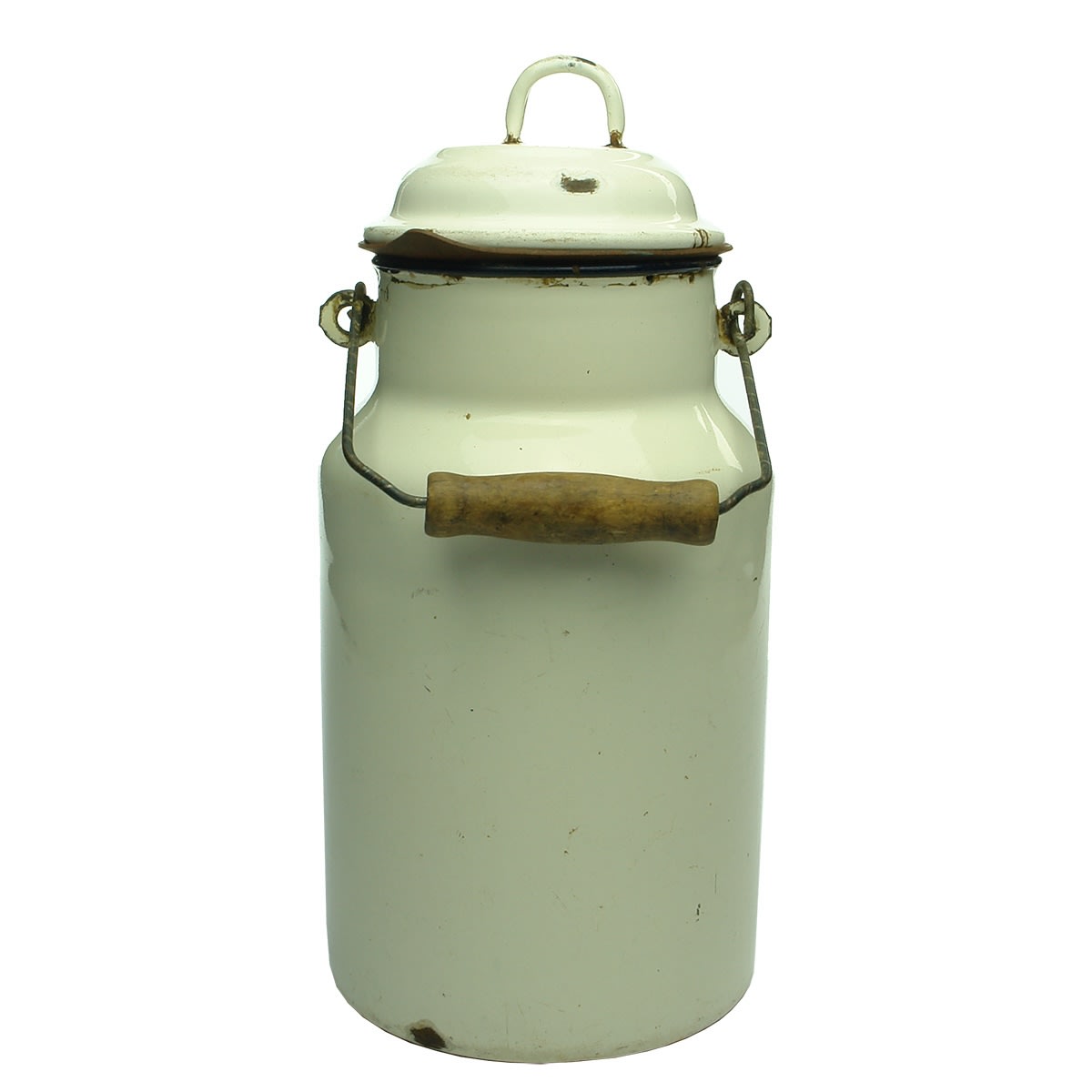 Large enamel pot with wire & wood handle. Lid with sealing ring. 2 Litre.