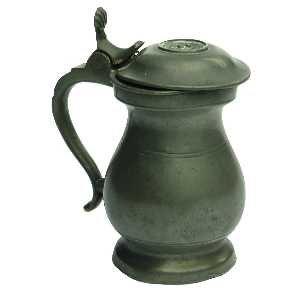 Lidded pewter tankard with Imperial Gill around a Crown on top.