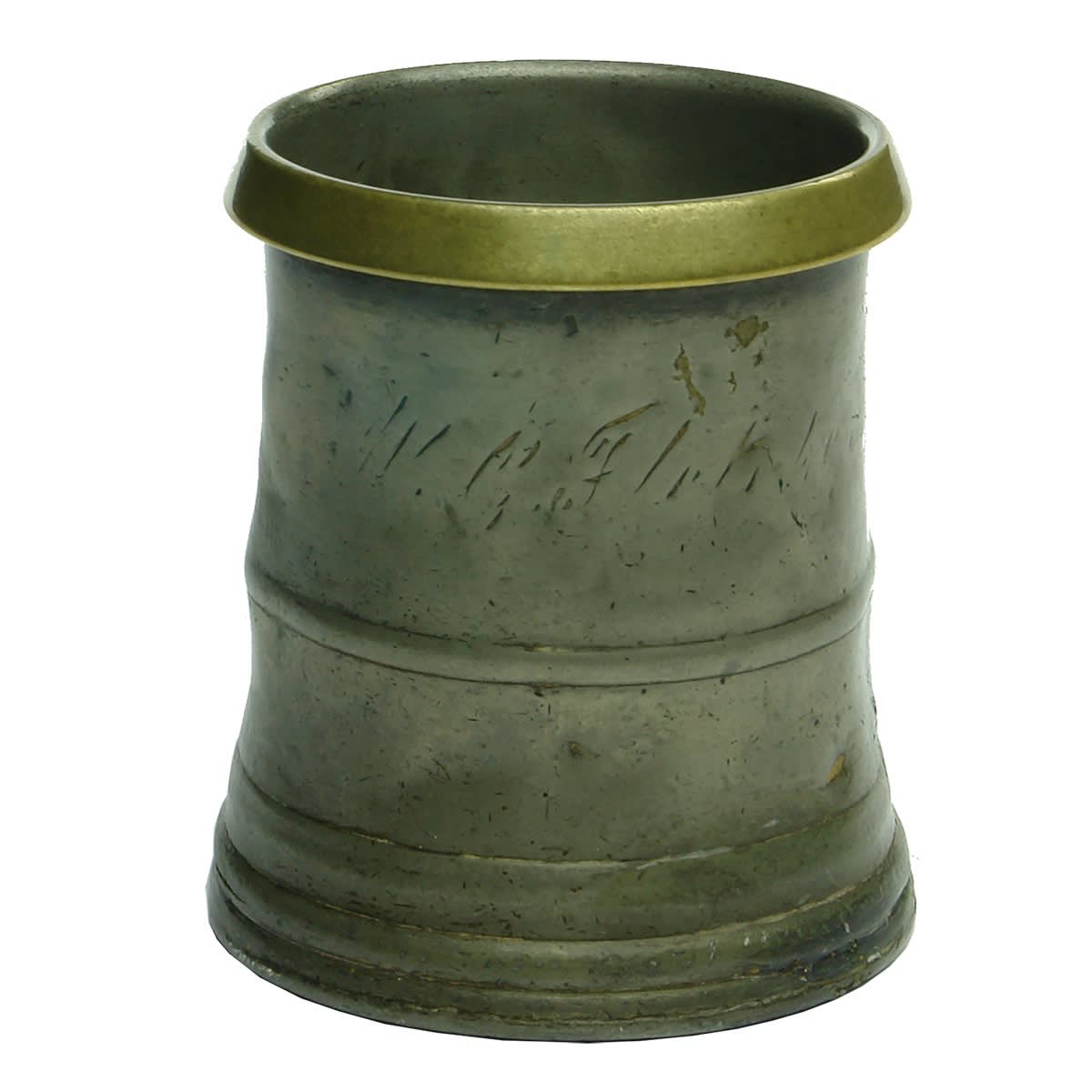 Pewter mug with brass rim. 1/2 Pint. W. G. Fletcher. Star Inn.