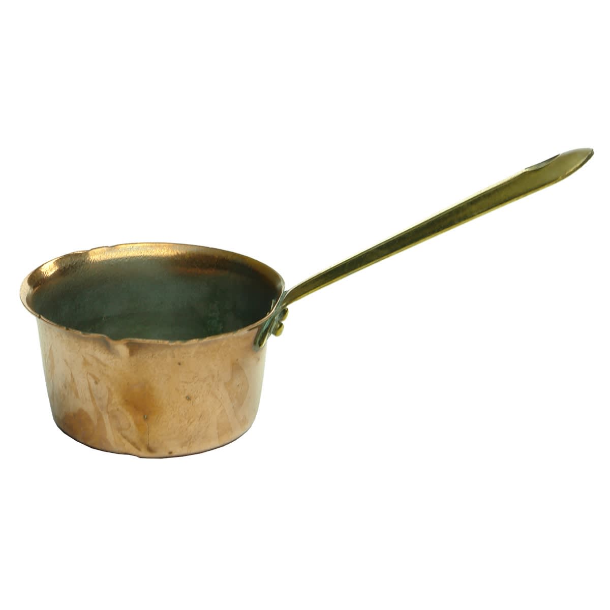 Small brass handled copper pan. 2 oz engraved on bottom.