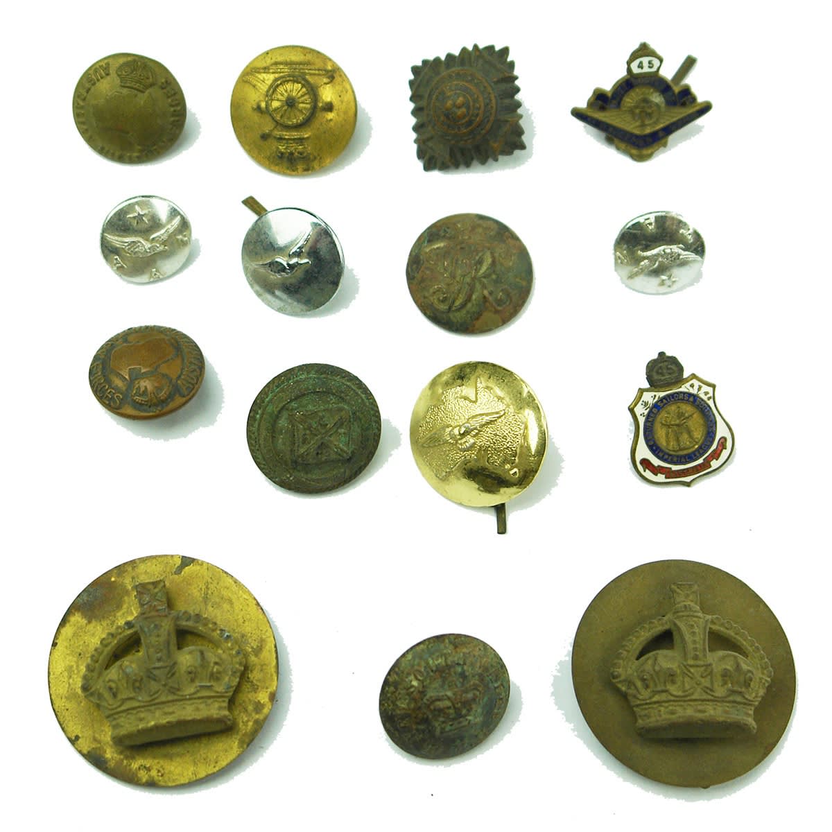 Miscellaneous. 15 early buttons and badges including military and shipping.