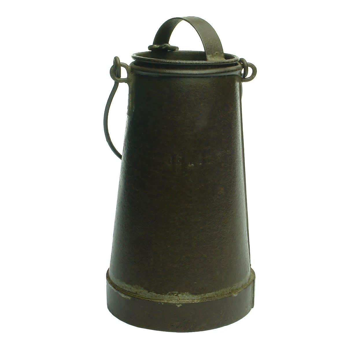 Conical tin container. Lid attached on a chain. Bellus impressed in the front of the container.