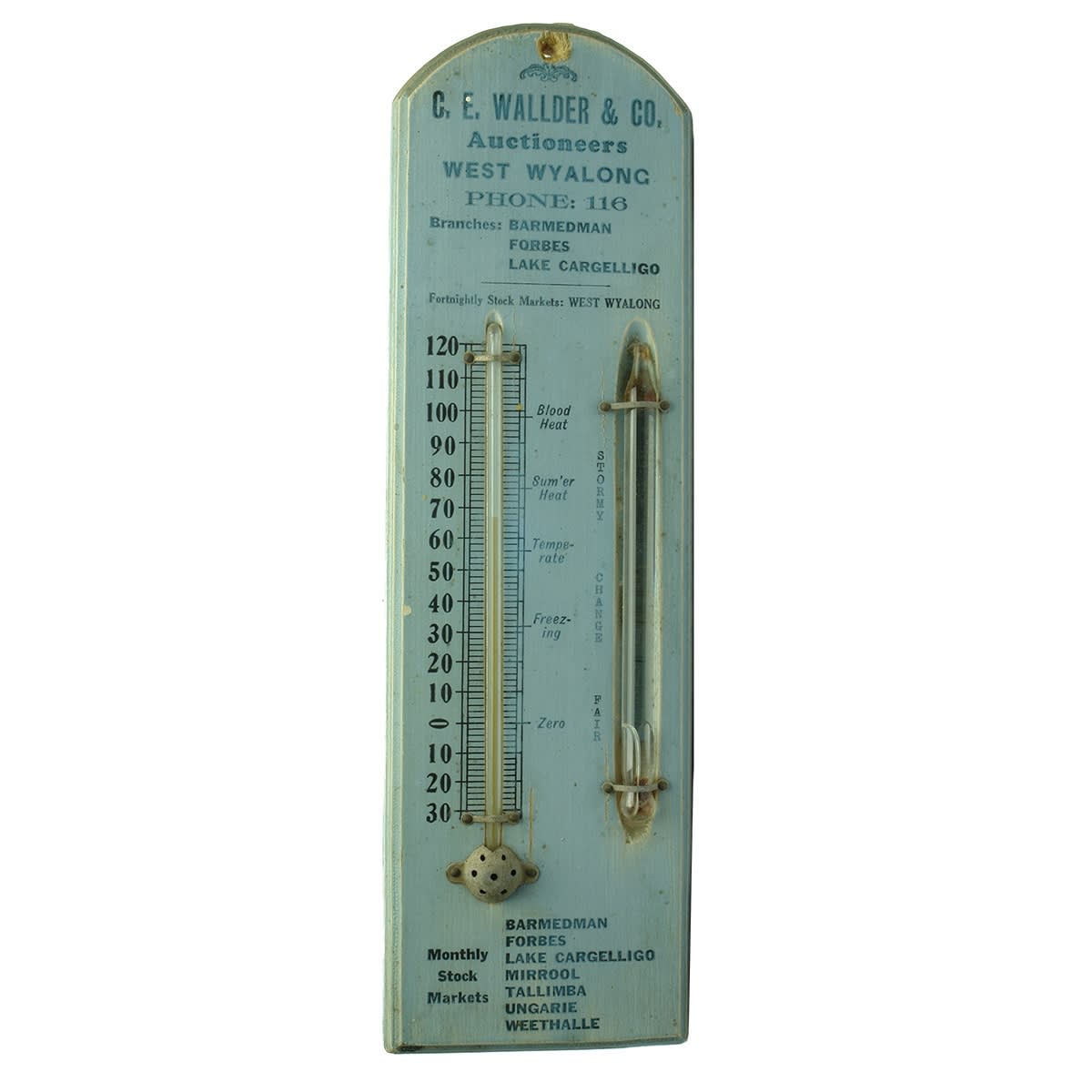 Advertising Thermometer. C. E. Wallder & Co., Auctioneers, West Wyalong, Barmedman, Forbes, Lake Cargellico. (New South Wales)