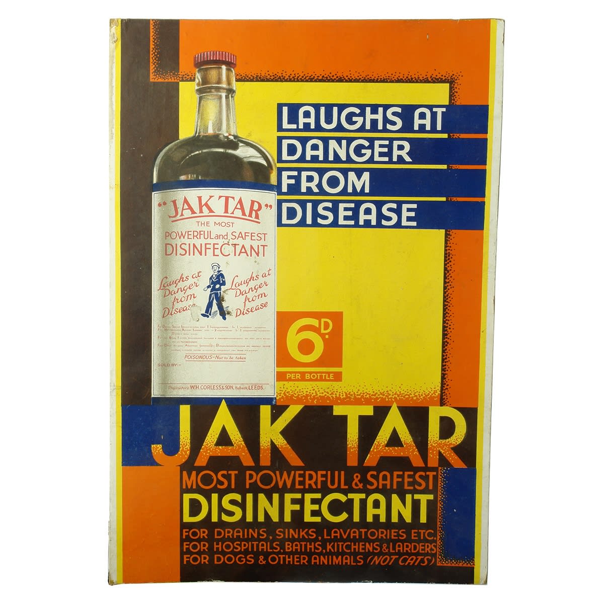 Advertising Card. Jak Tar Disinfectant. Picture of Bottle. Corless & Son, Holbeck, Leeds.
