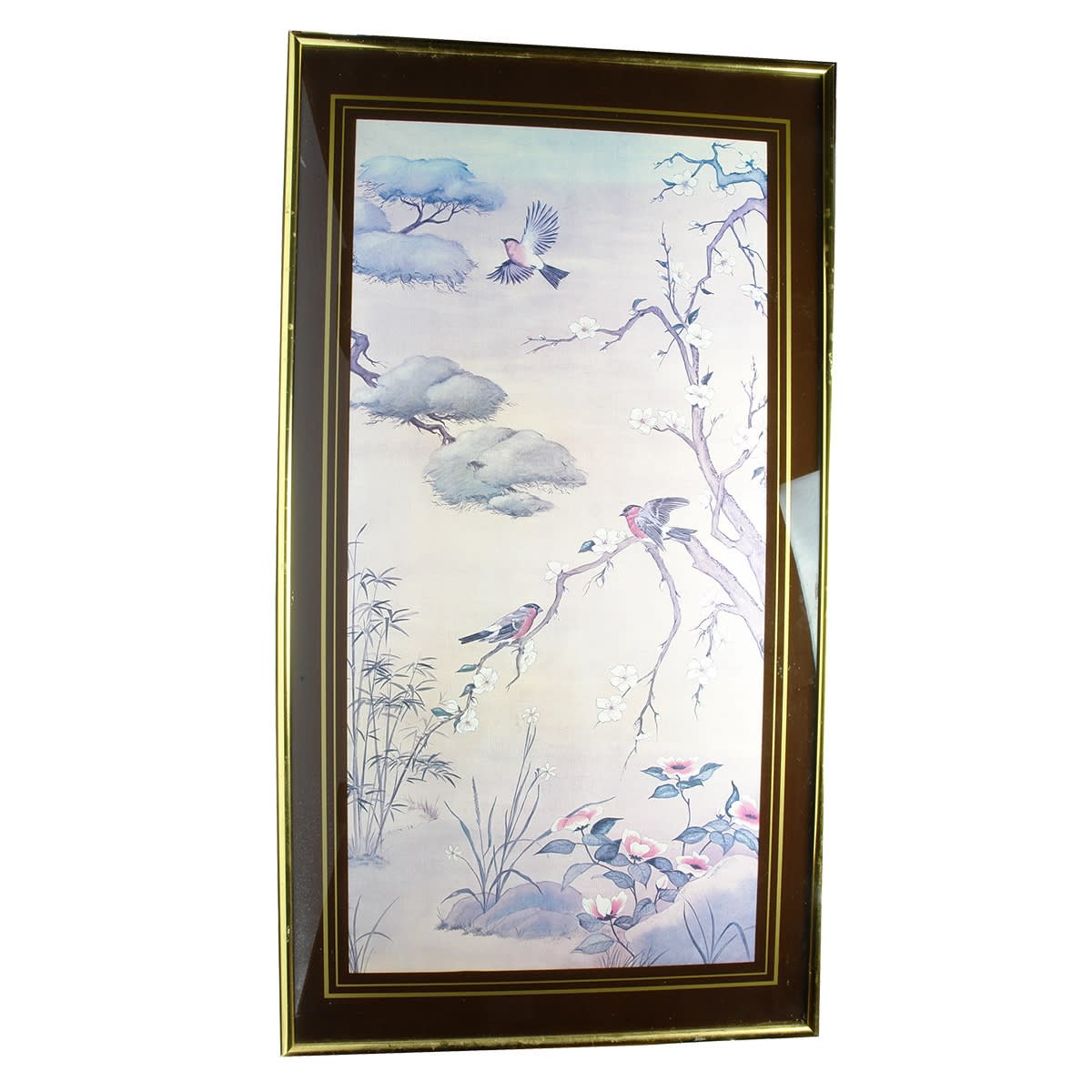 Large framed print of Japanese style with Birds and Blossom. Metal frame, Perspex front. (Not for post, pickup only)