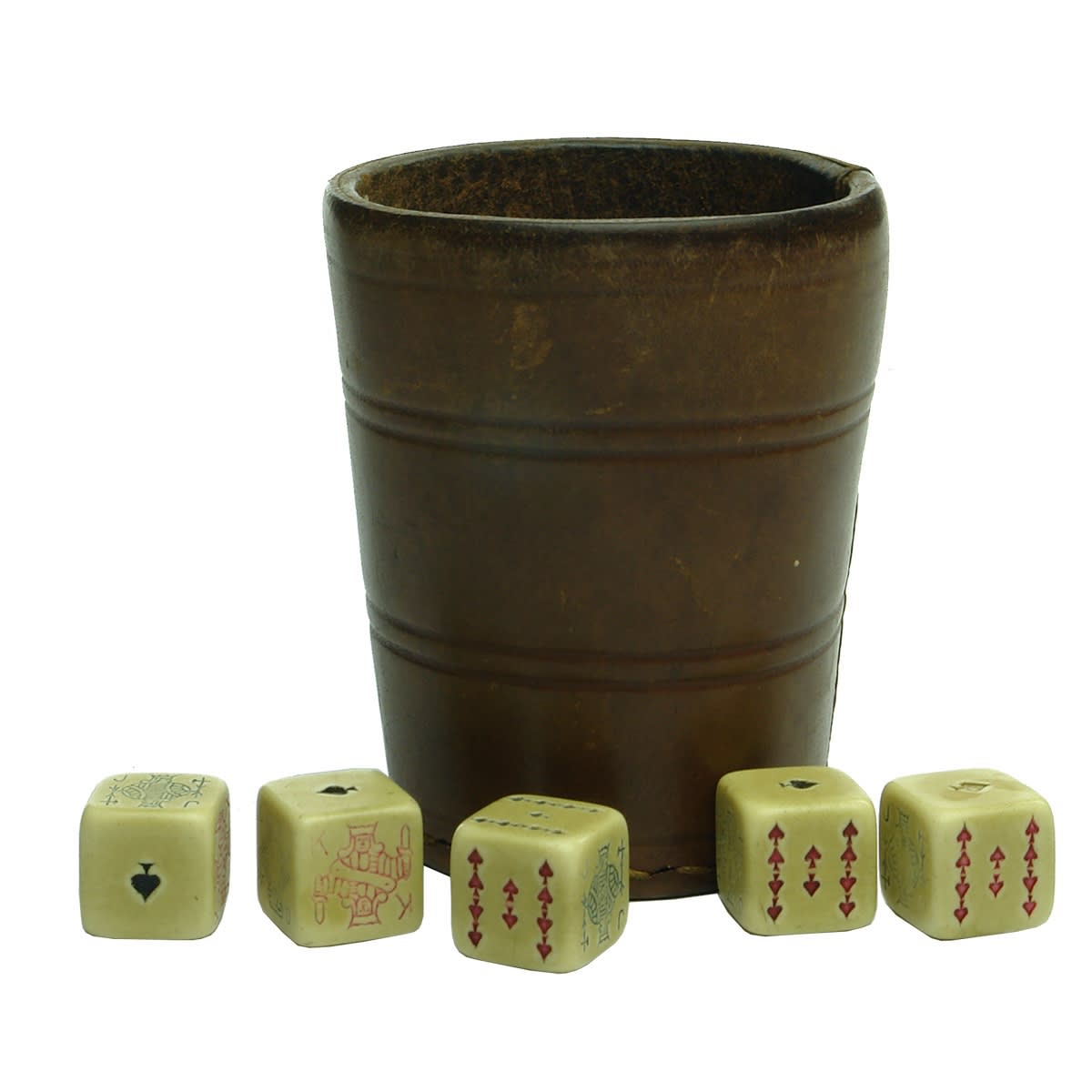 Leather Cup with 5 bone dice. Each die has 9 to Ace in different suits on each side.