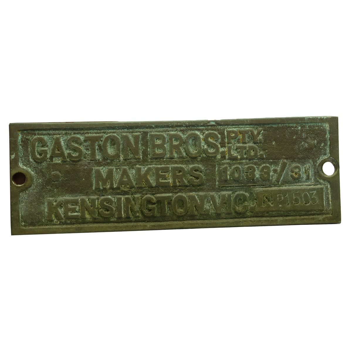 Brass Name Plate. Gaston Bros Pty Ltd Makers Kensington. (Victoria)