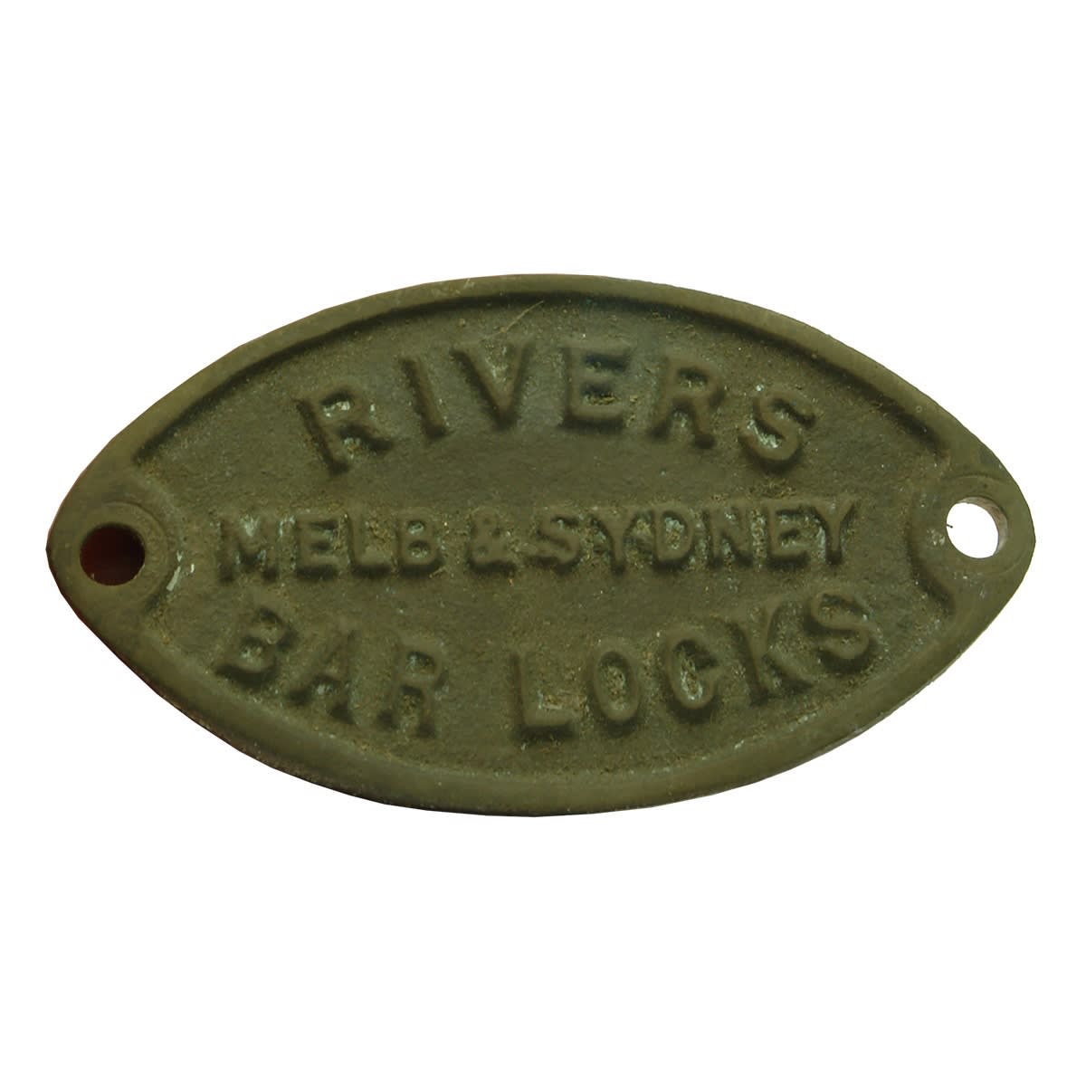 Small brass name plate. Rivers Melb & Sydney Bar Locks. (Victoria & New South Wales)