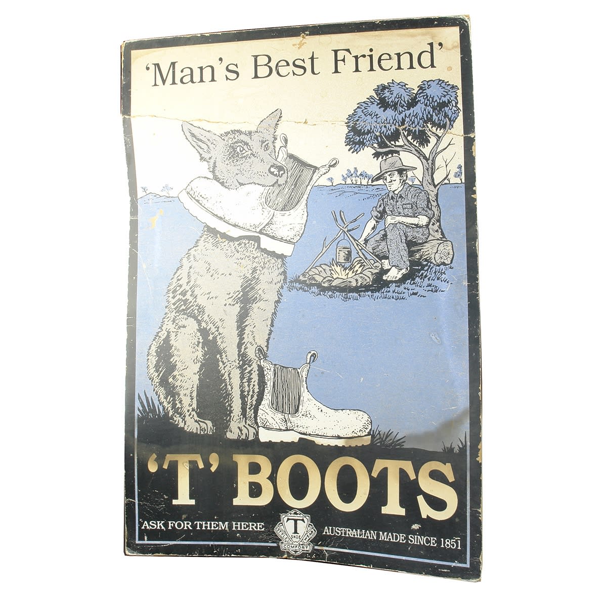 Sign. 'T' Boots, Dog With Boot, Australian Made Since 1851. Cardboard.