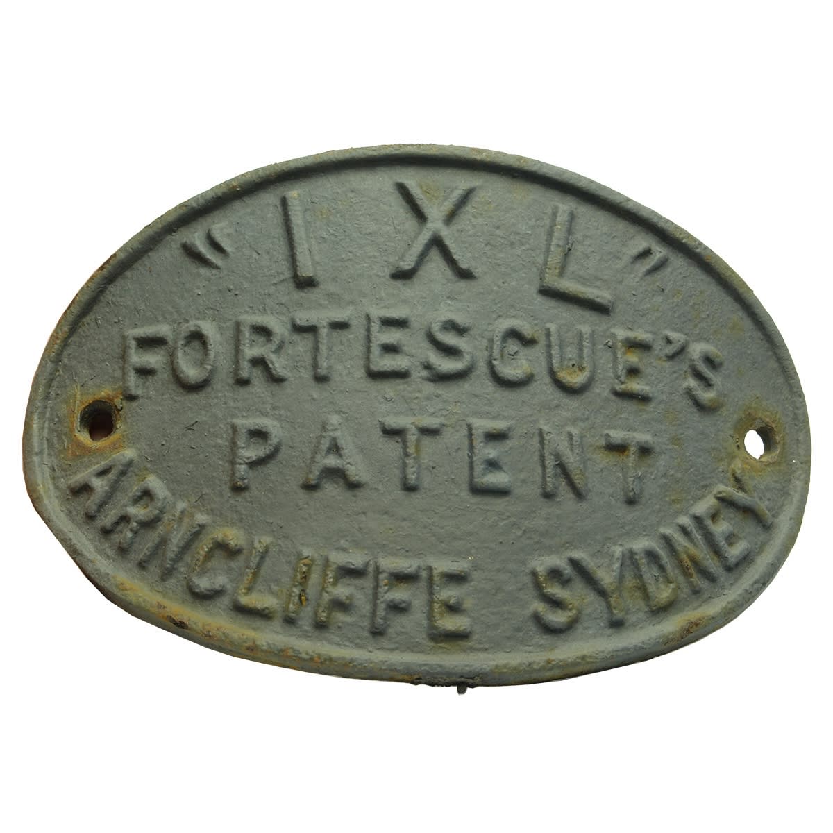 Cast Iron Nameplate. IXL Fortescue's Patent Arncliffe Sydney. (New South Wales)