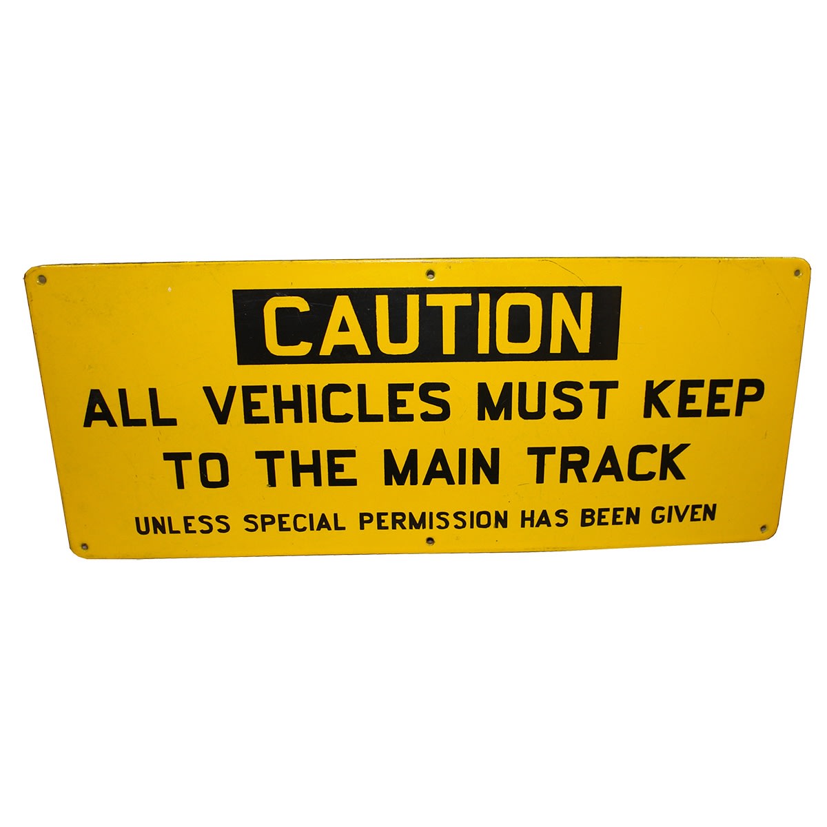 Enamel Sign. Yellow & Black. Caution, All Vehicles Must Keep to the Track.