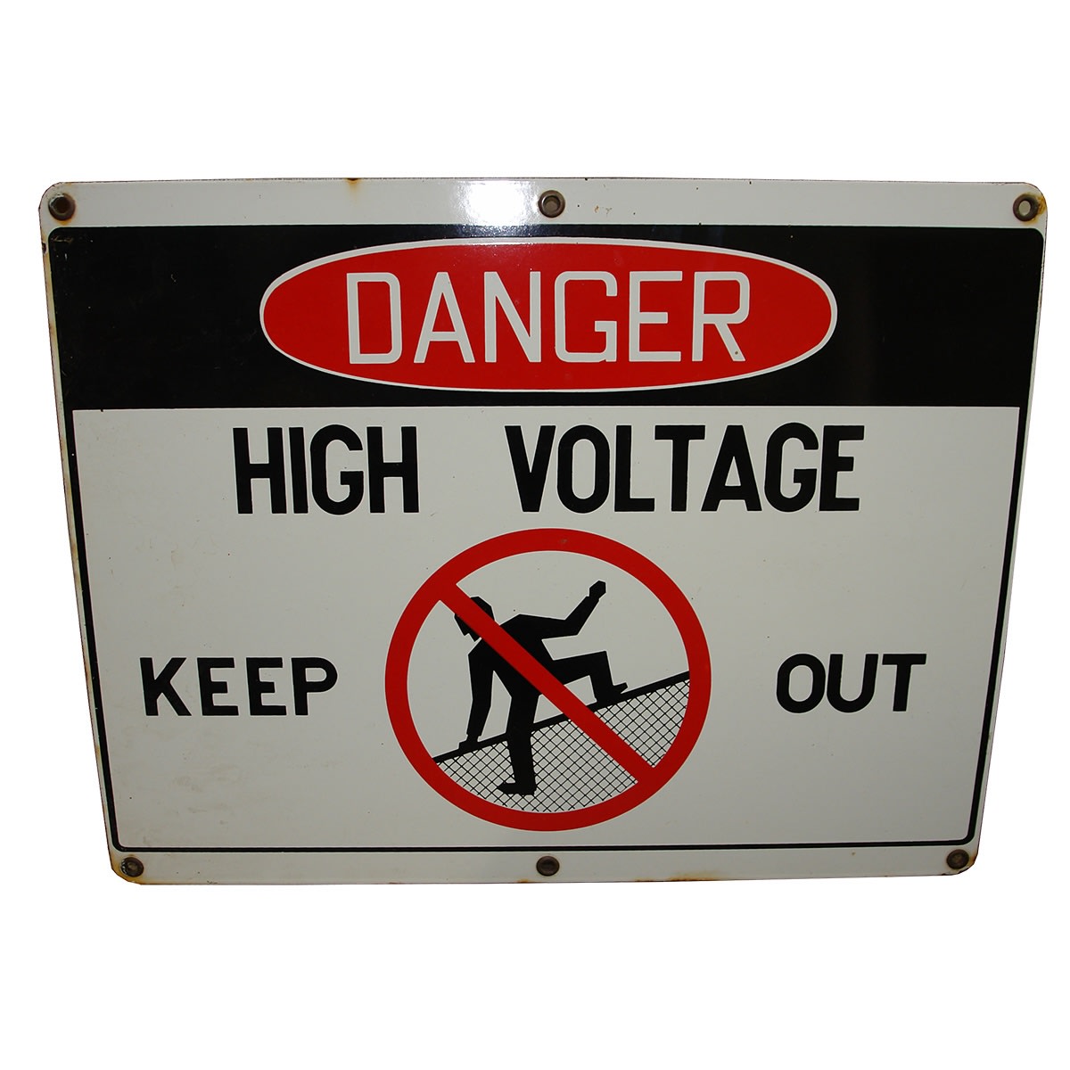 Enamel Sign. Danger High Voltage. Keep Out. Red circle & line through a man climbing a fence.