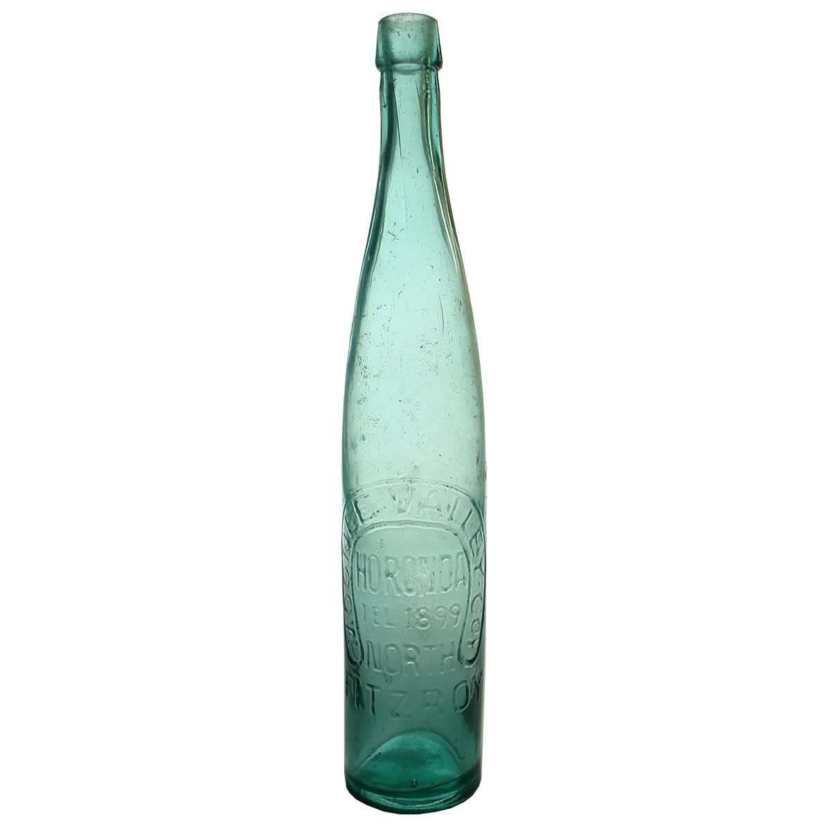 Tall Cork Stoppered Bottle. Moonee Valley Co, North Fitzroy. Horonda. Blue Aqua. 26 oz. (Victoria)