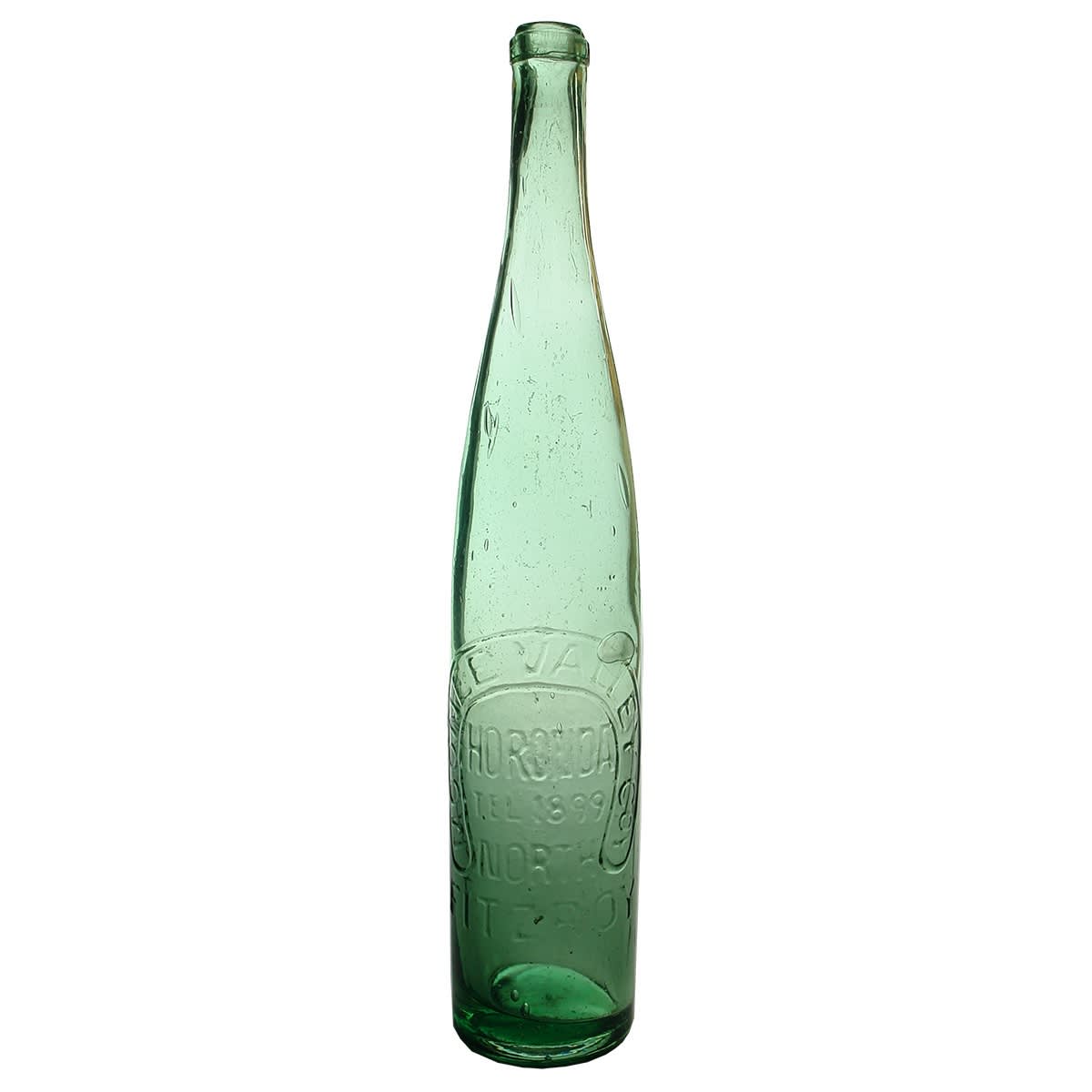 Tall Cork Stoppered Bottle. Moonee Valley Co, North Fitzroy. Horonda. Aqua. 26 oz. Thin ring seal. (Victoria)